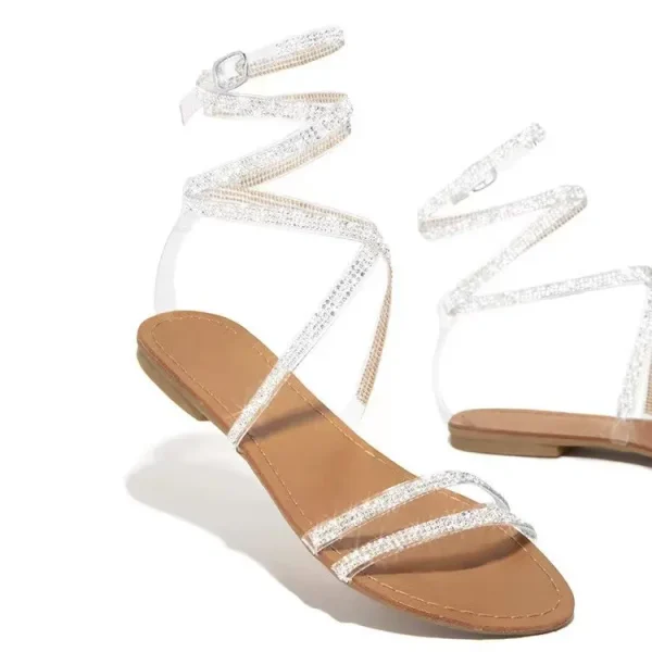 New Flat With Large Size Winding Belt Rhinestones Womens Sandals - Image 2