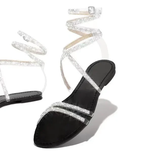 New Flat With Large Size Winding Belt Rhinestones Womens Sandals - Image 3